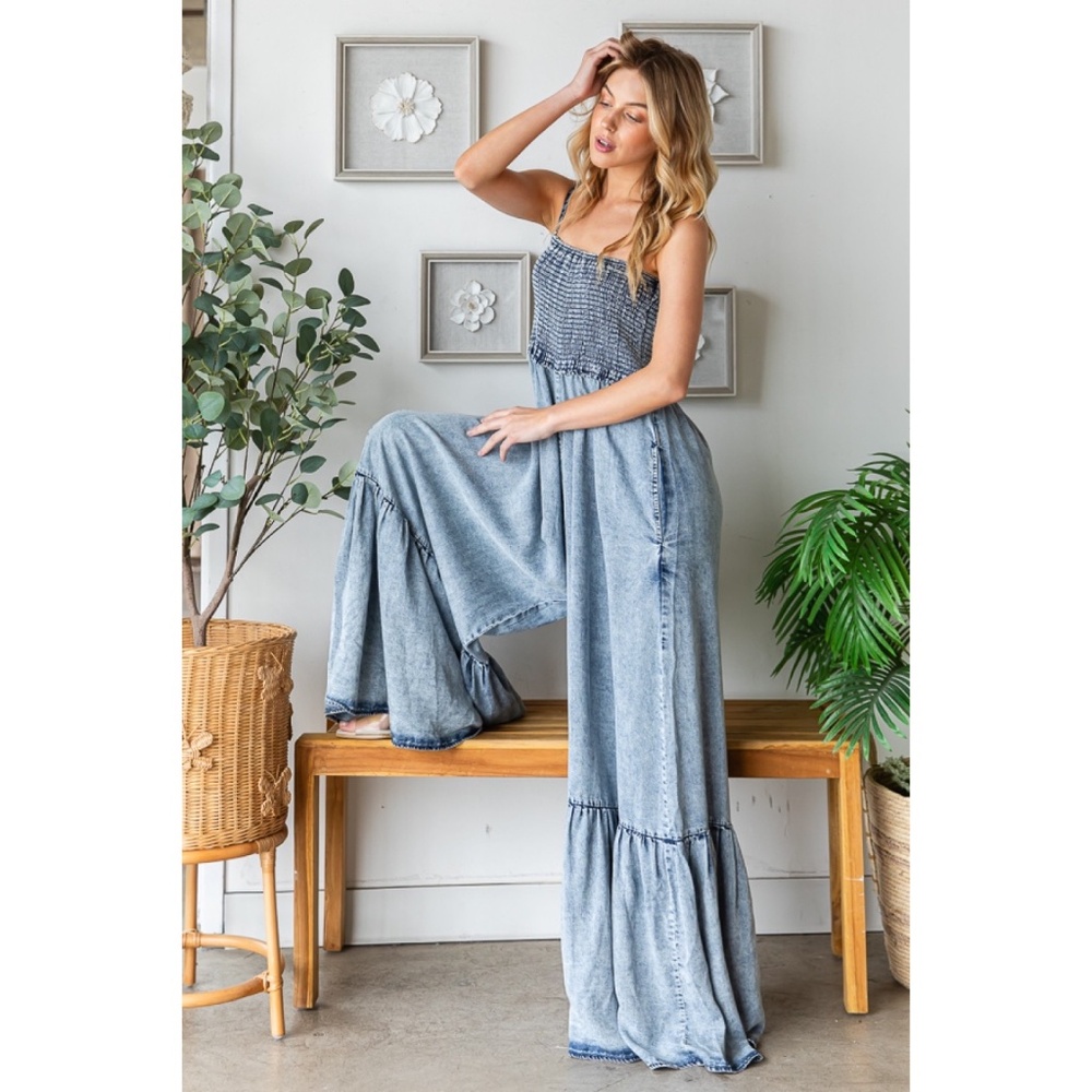 Oli & Hali Mineral Washed Flowy Tencel Denim Relaxed Fit Wide Leg Jumpsuit - Picture 2 of 8
